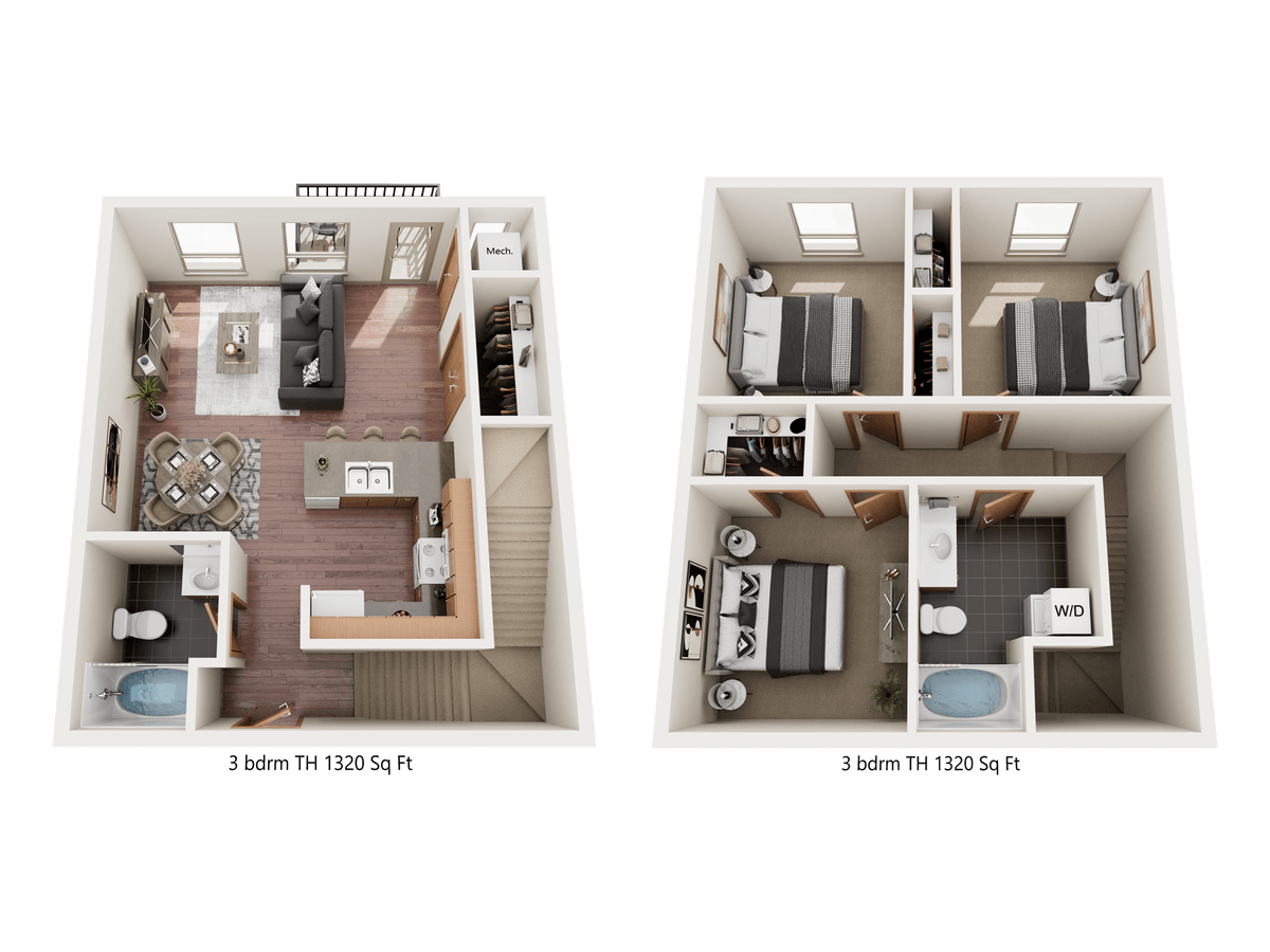 Two floor plans of a 3 bedroom, 1320 square foot home.
